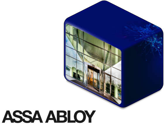 Assa ABloy-Logo neben kommerziellen Tür- und Torlösungen.