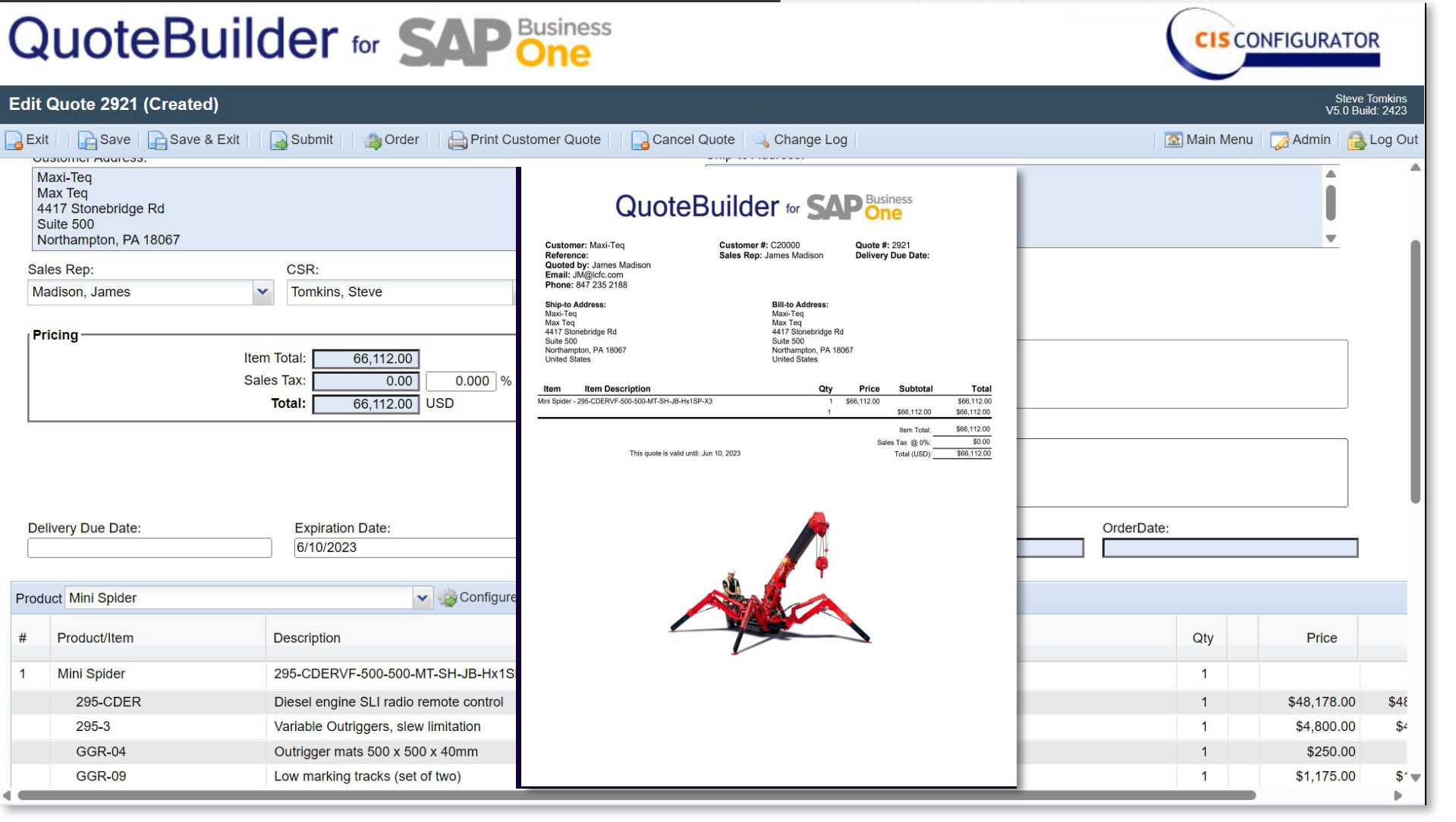 Bildschirmfoto von CIS QuoteBuilder in SAP Business One